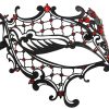 Metal Filigree Phantom Masquerade Mask with Red Crystals
