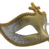 White and Gold Masquerade Mask with Gold Trim