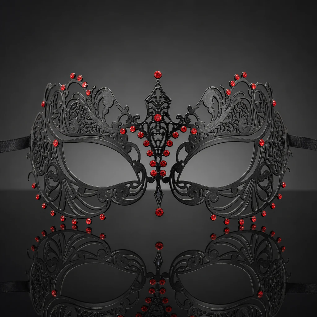 Metal Filigree Fine Masquerade Mask with Red Crystals