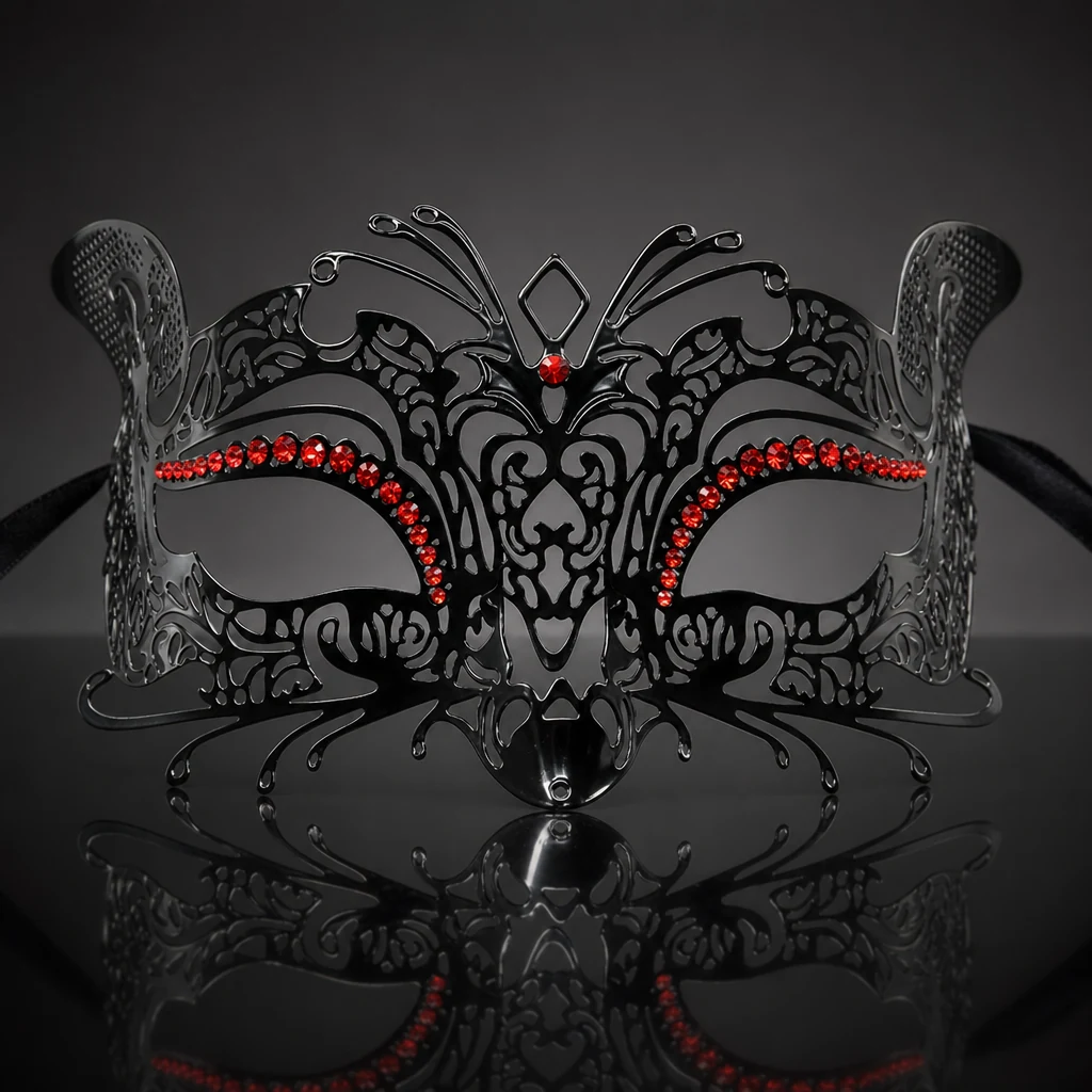 Metal Filigree Fox Masquerade Mask with Red Crystals