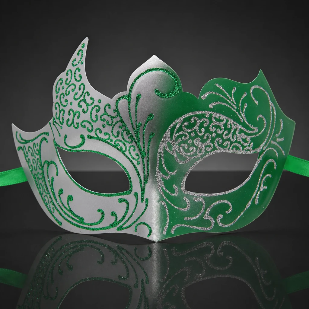Silver and Green Masquerade Mask with Glitter