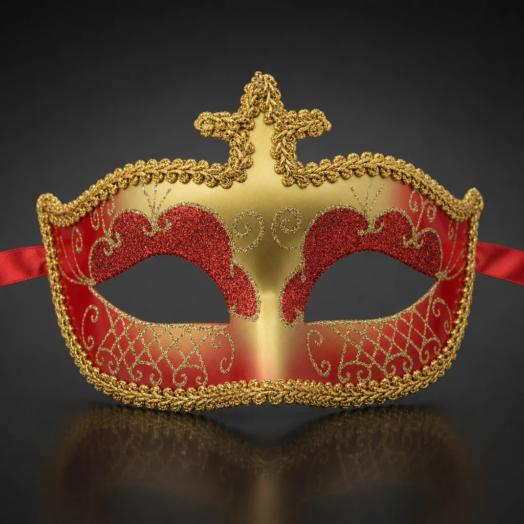 Red and Gold Masquerade Mask with Gold Trim