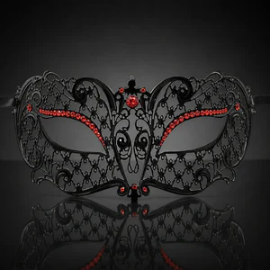 Metal Filigree Masquerade Mask with Red Eye Detailing Crystals