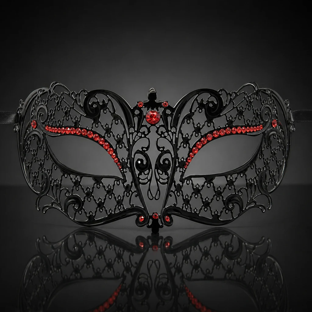 Metal Filigree Masquerade Mask with Red Eye Detailing Crystals