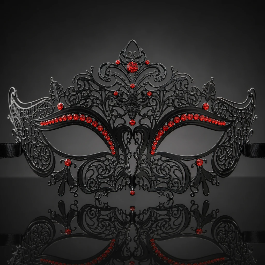 Metal Filigree Masquerade Mask with Red Crystals