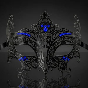 Metal Filigree High Point Masquerade Mask with Blue Crystals