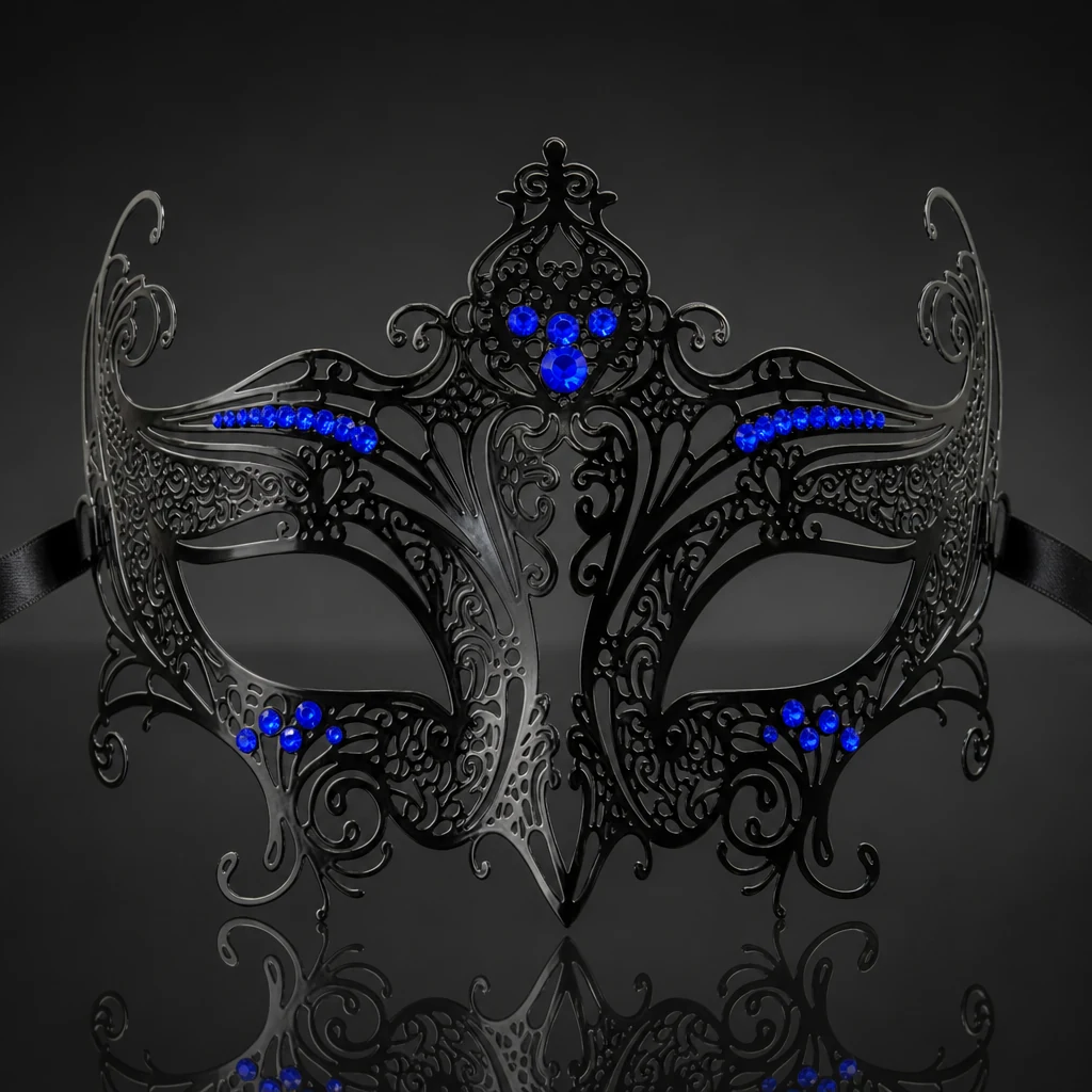 Metal Filigree High Point Masquerade Mask with Blue Crystals