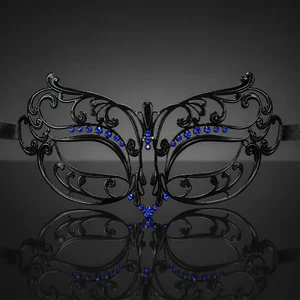 Metal Filigree Masquerade Mask with Blue Crystals