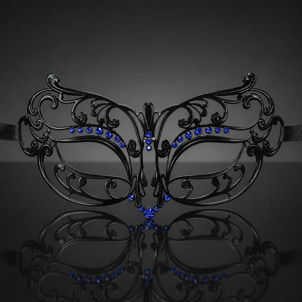 Metal Filigree Masquerade Mask with Blue Crystals