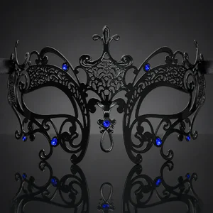 Metal Carved Filigree Masquerade Mask with Blue Crystals