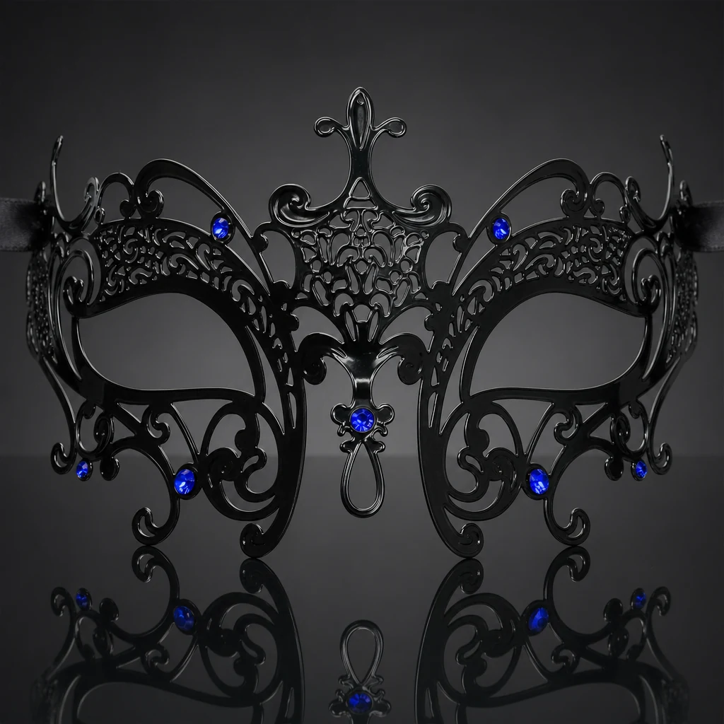Metal Carved Filigree Masquerade Mask with Blue Crystals