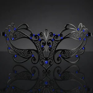 Metal Flourish Filigree Masquerade Mask with Blue Crystals