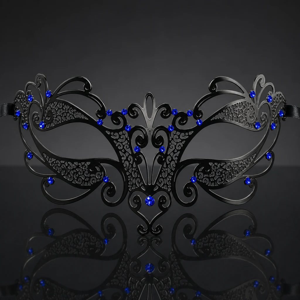 Metal Flourish Filigree Masquerade Mask with Blue Crystals