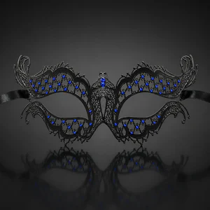 Metal Filigree Butterfly Masquerade Mask with Blue Crystals