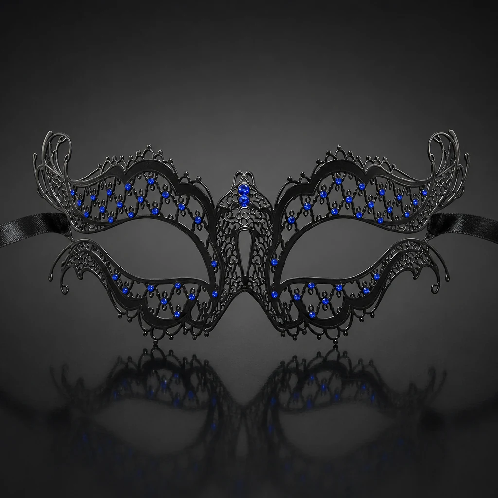 Metal Filigree Butterfly Masquerade Mask with Blue Crystals