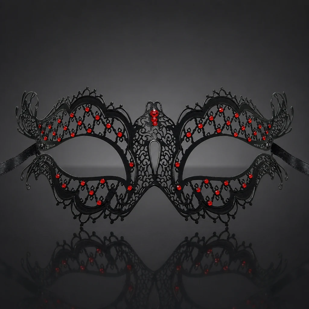 Metal Filigree Butterfly Masquerade Mask with Red Crystals