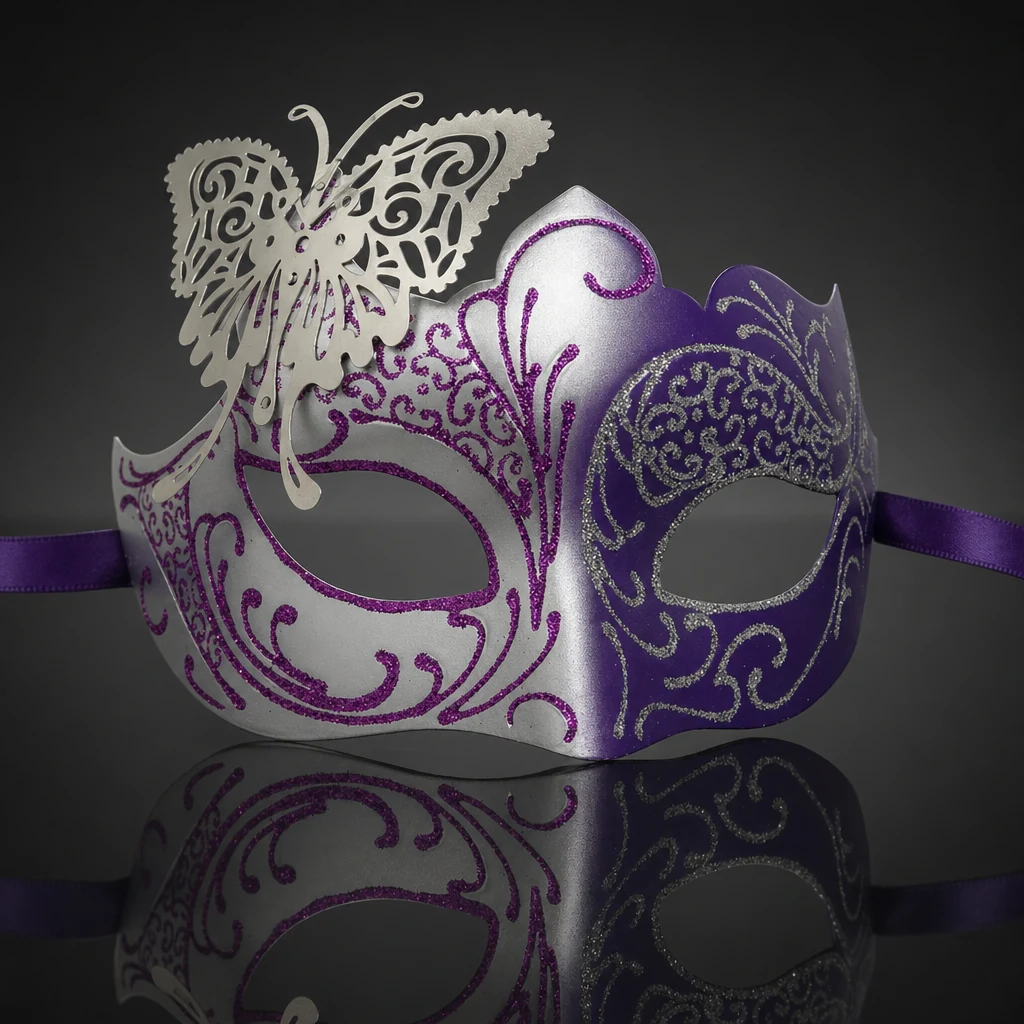 Purple and Silver Mask with Metal Butterfly