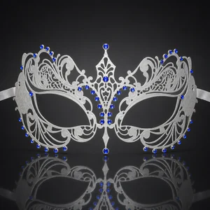 White Metal Filigree Masquerade Mask with Blue Crystals
