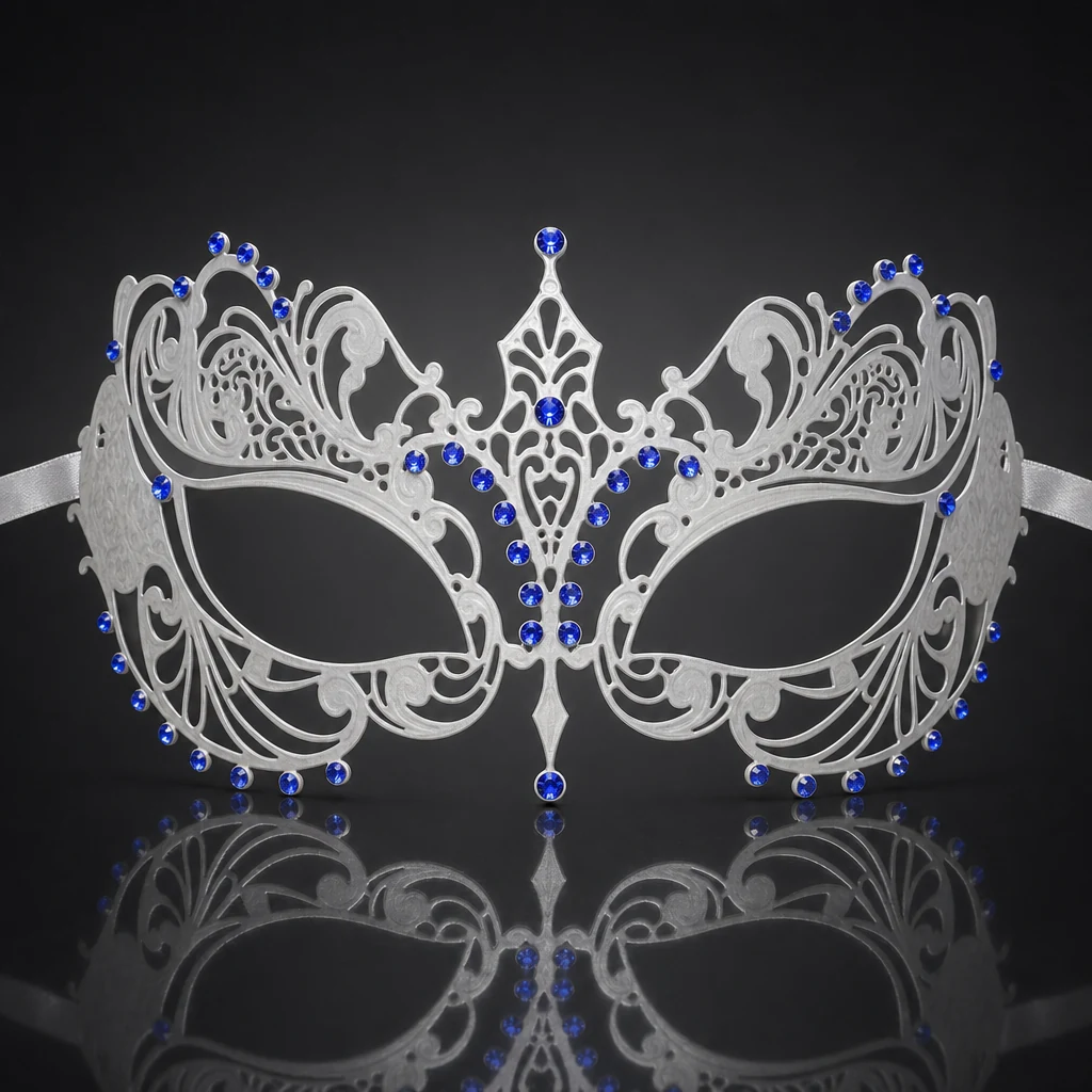 White Metal Filigree Masquerade Mask with Blue Crystals