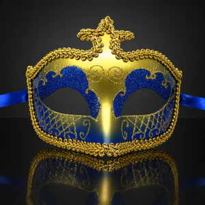 Gold High Point Masquerade Mask with Blue Glitter
