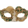 White Venetian Mask with Gold and Green Accent