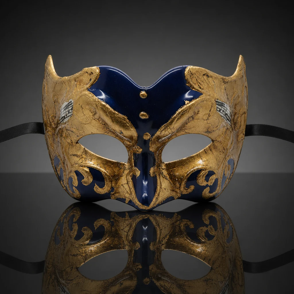 Blue and Gold Pulcinella Mask with Music Note Pattern