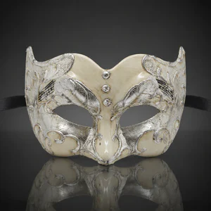 Silver and Champagne Pulcinella Mask with Music Note Pattern