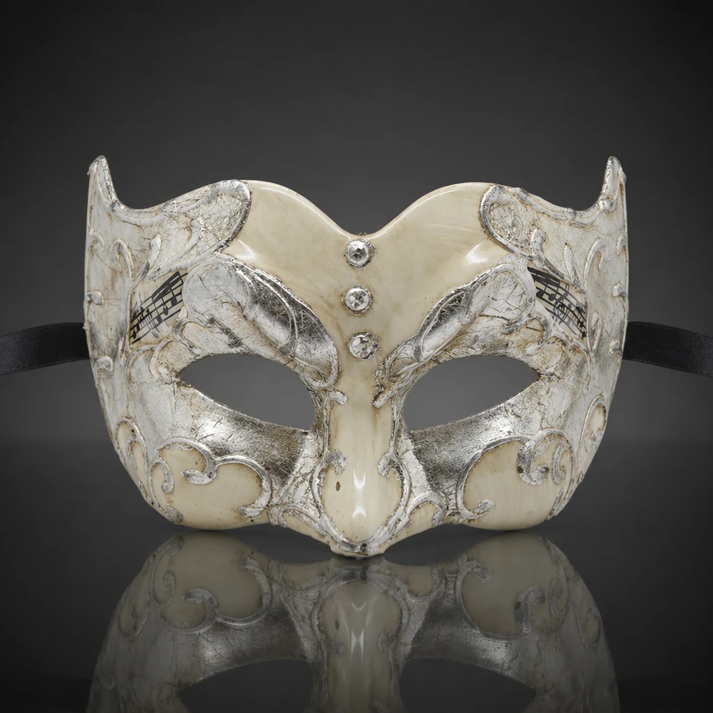 Silver and Champagne Pulcinella Mask with Music Note Pattern