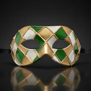 Gold, Green, and White Harlequin Pattern Venetian Mask