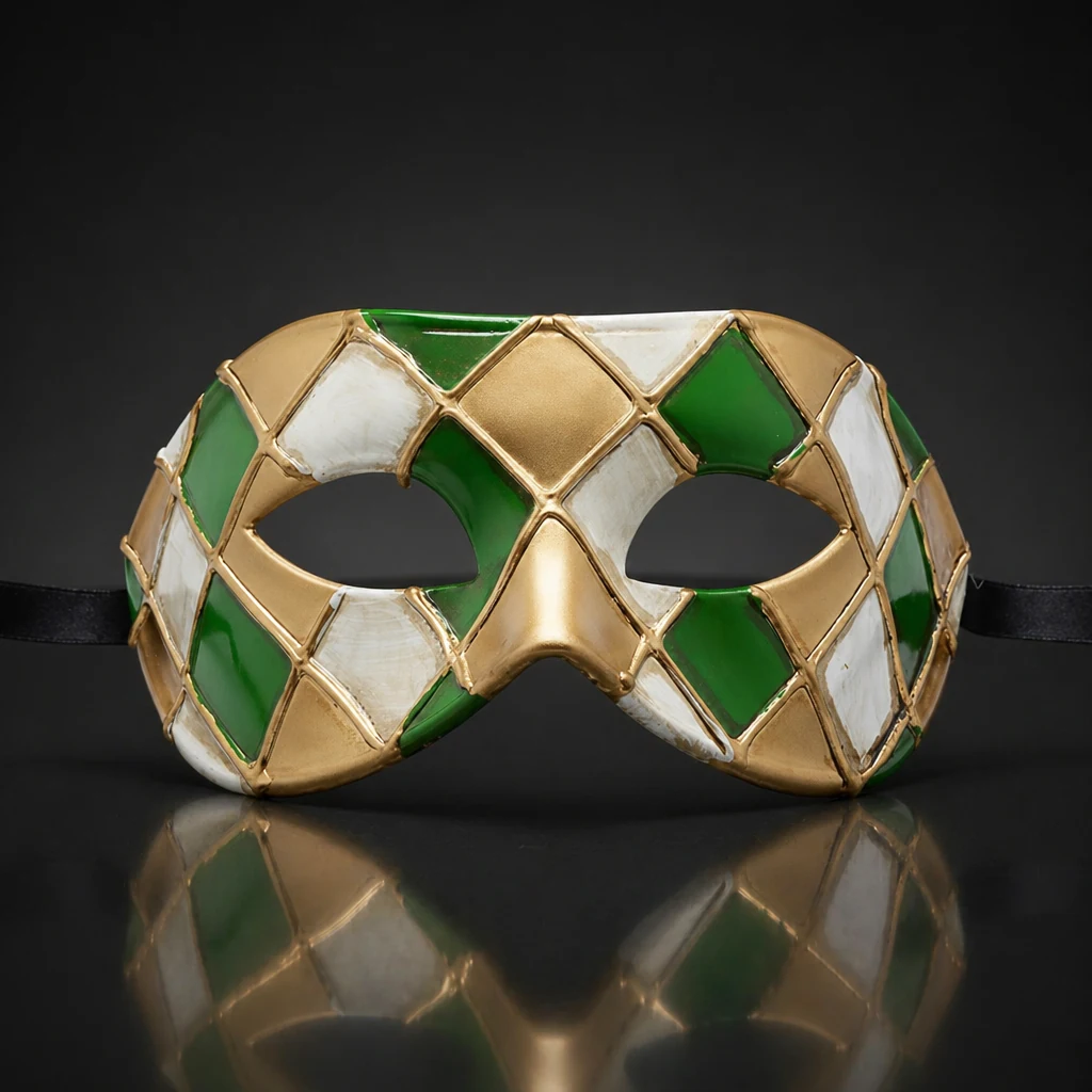 Gold, Green, and White Harlequin Pattern Venetian Mask