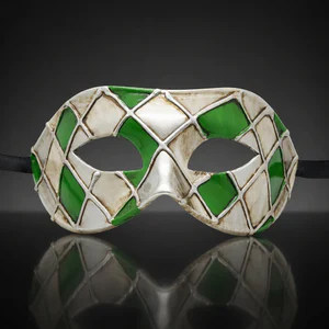 Green and Silver Harlequin Pattern Venetian Mask