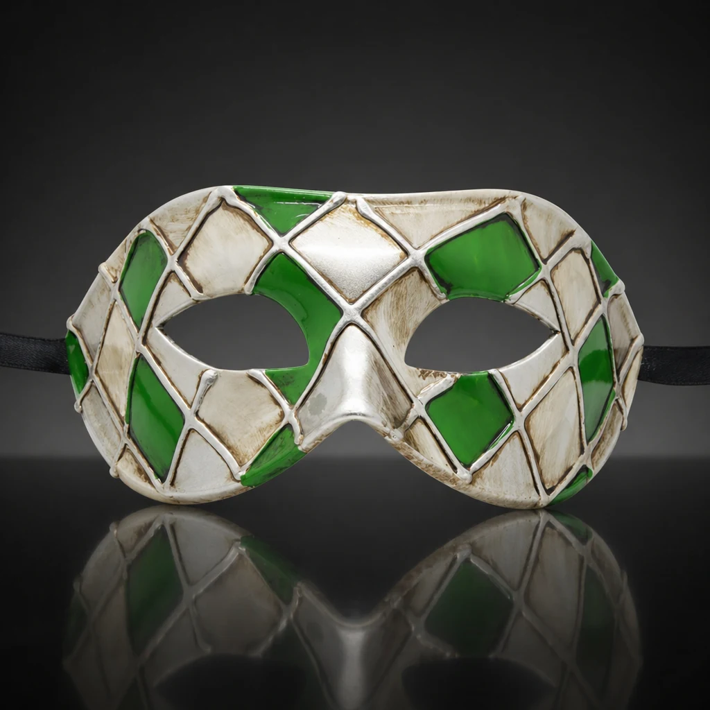 Green and Silver Harlequin Pattern Venetian Mask