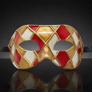 Gold, Red and White Harlequin Pattern Venetian Mask