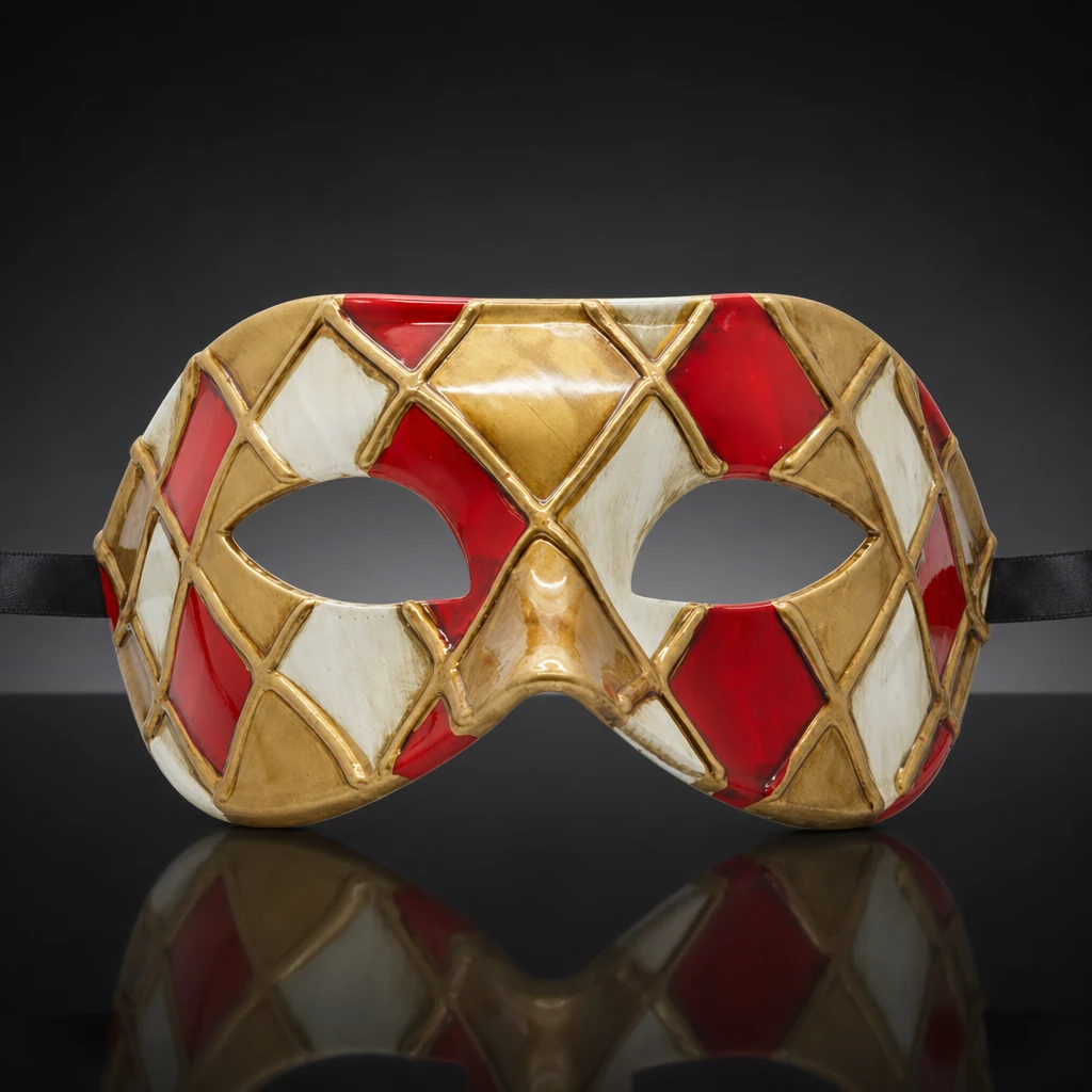 Gold, Red and White Harlequin Pattern Venetian Mask