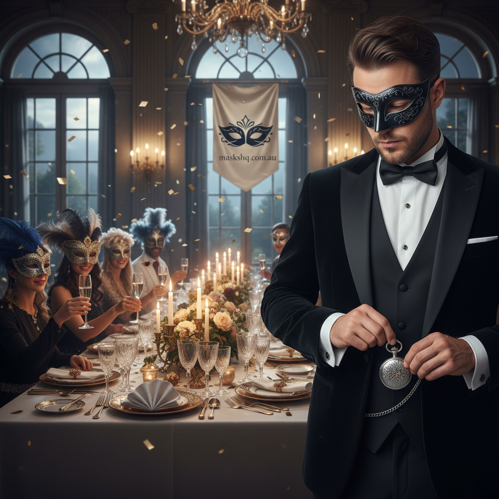 Hero lifestyle shot of a masquerade mask gala dinner for maskshq.com.au. Elegant formal styling with a refined masquerade mask suited to a black-tie dinner.