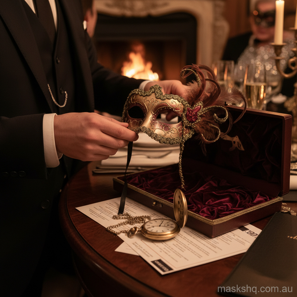 Mid-article supporting image of a person handling or selecting a masquerade mask gala dinner for maskshq.com.au. Elegant mask selection for a formal black-tie event.