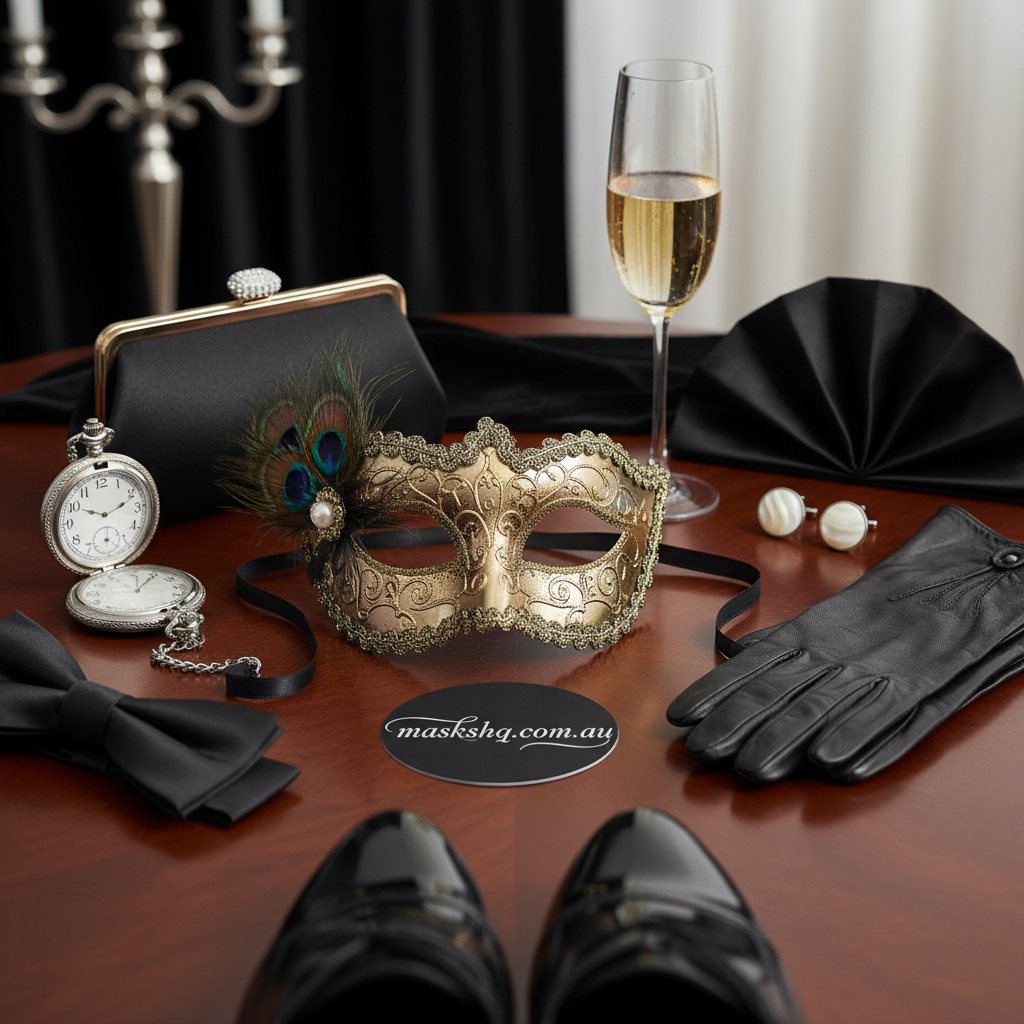 Detail close-up or styled flat-lay of a masquerade mask gala dinner with complementary formal accessories for maskshq.com.au. Refined accessories and mask details for evening wear.