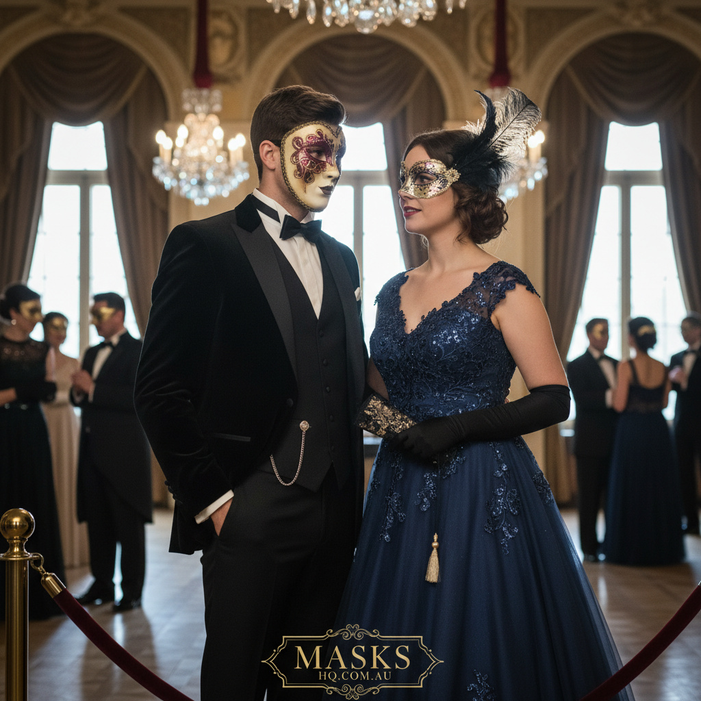 Hero lifestyle shot of a masquerade mask for formal balls in Australia, styled for an elegant black-tie event