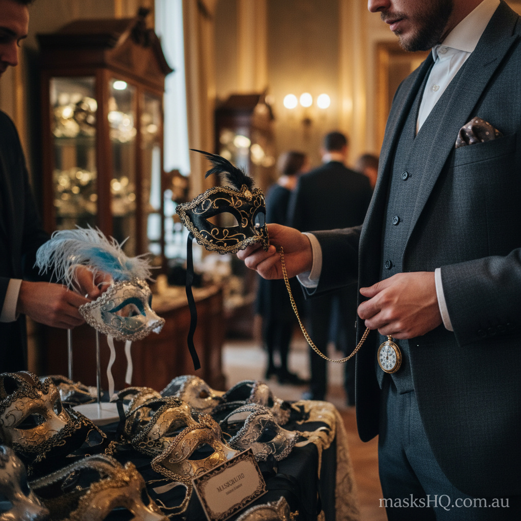 Mid-article image of a person selecting a masquerade mask for a formal ball
