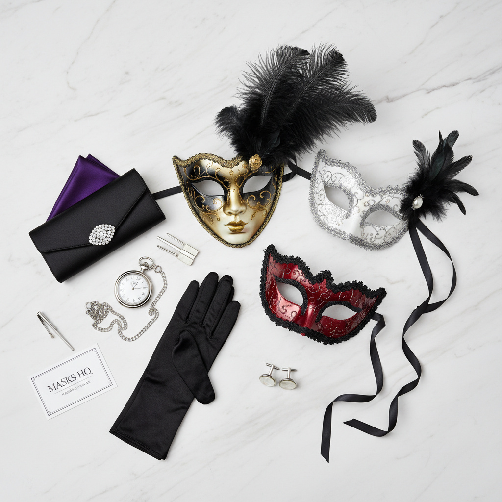 Detail close-up of a masquerade mask with formal accessories on a styled flat lay
