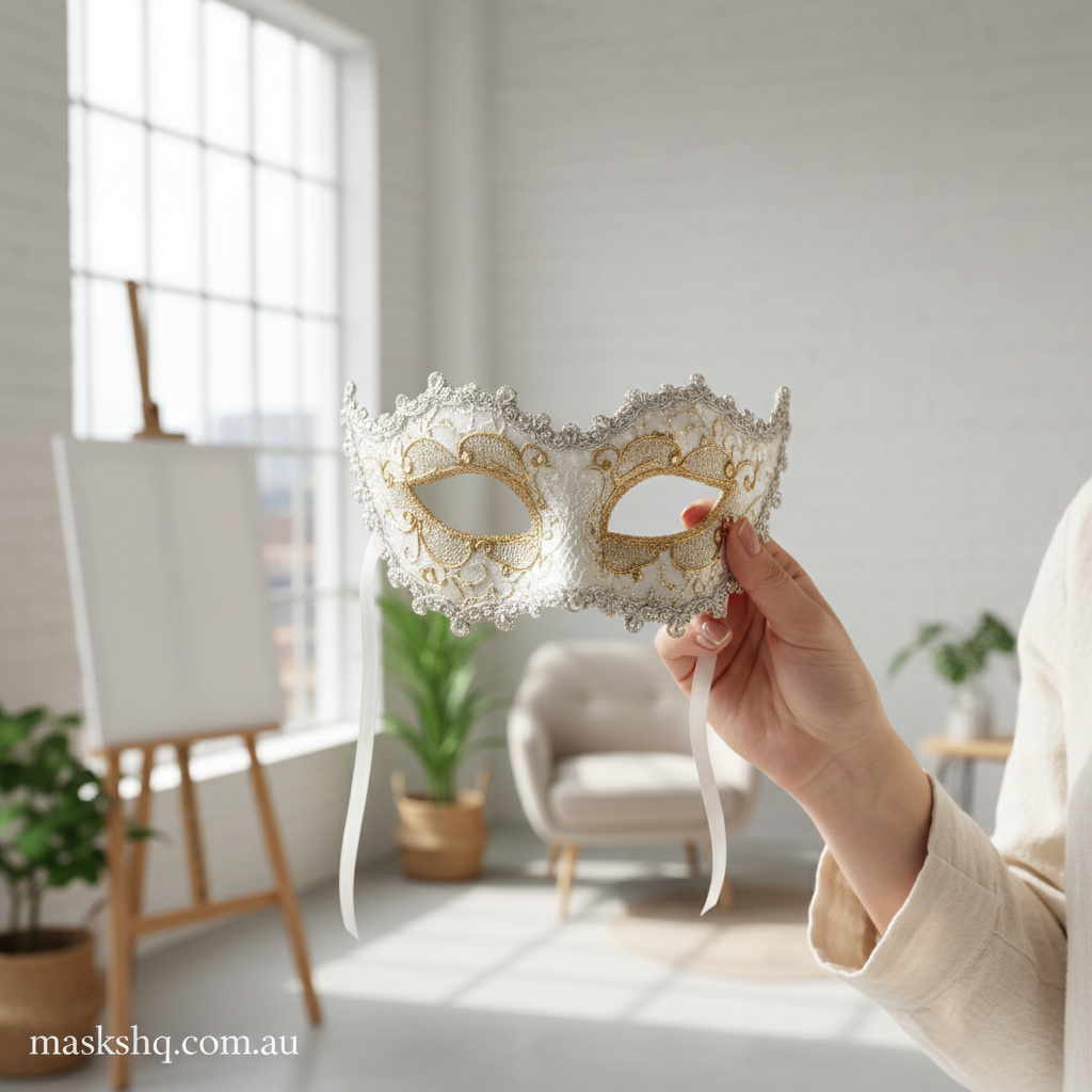 Hero lifestyle shot: a comfortable masquerade mask in a bright, clean setting, natural light, editorial photography style