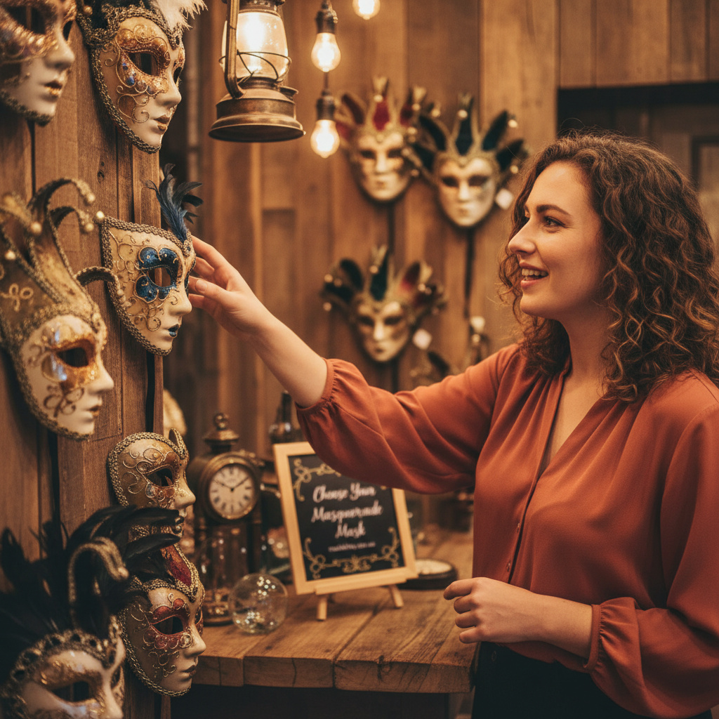 Mid-article supporting image: a person selecting a comfortable masquerade mask in a warm authentic moment