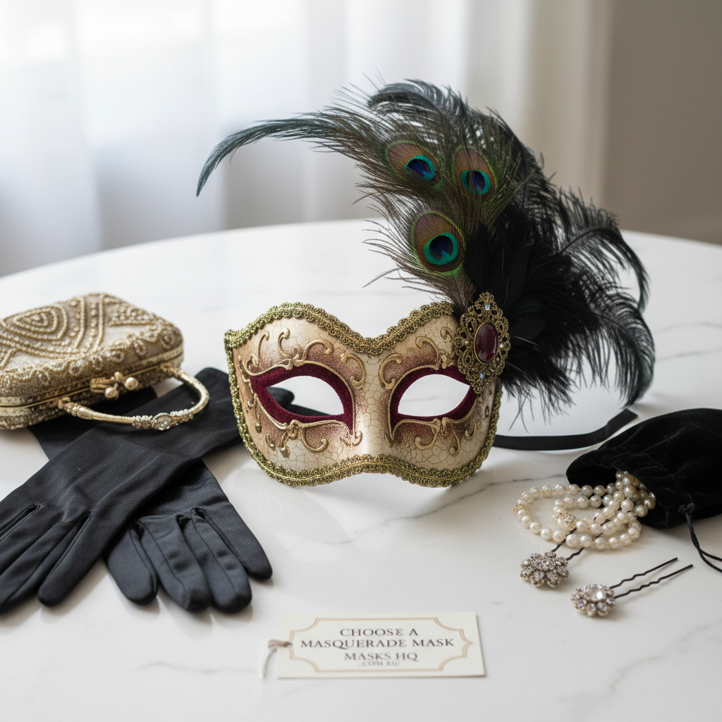 Detail close-up flat-lay of a comfortable masquerade mask with complementary accessories on a clean surface