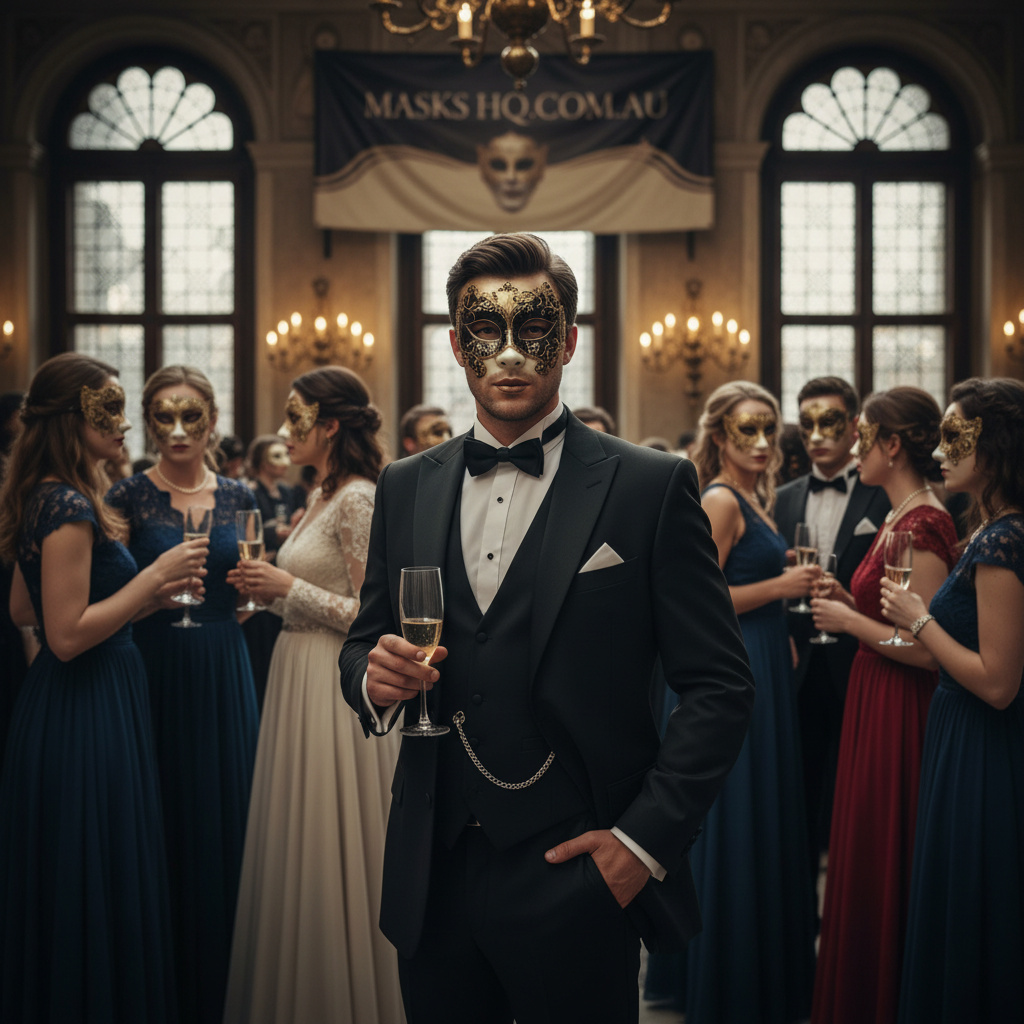 Hero lifestyle shot of a venetian mask black tie event for maskshq.com.au, showing an elegant mask with formal eveningwear in a refined ballroom setting.