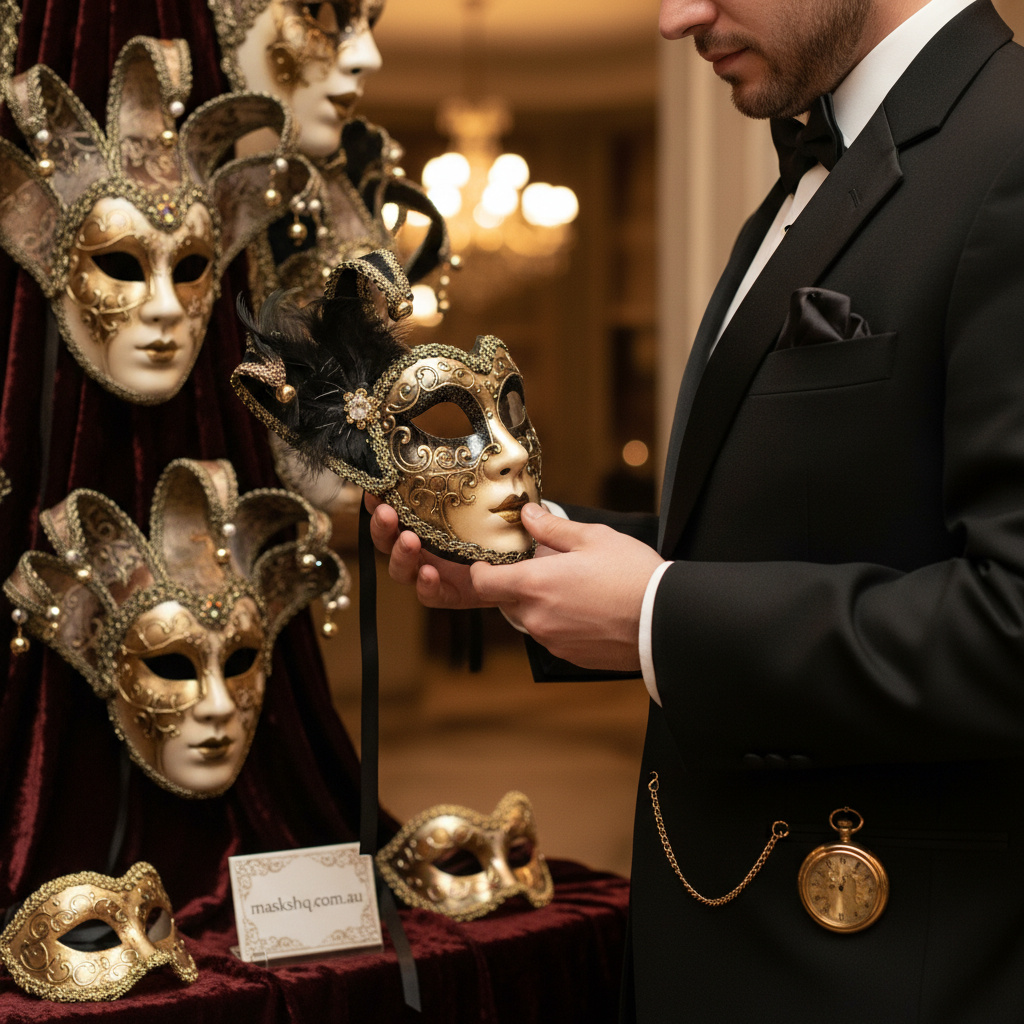 Mid-article supporting image of a person handling or selecting a venetian mask black tie event for maskshq.com.au, comparing finishes and fit before the event.