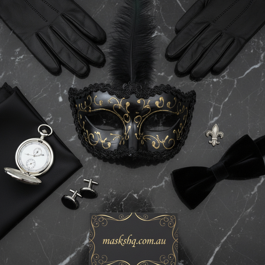 Detail close-up or styled flat-lay of a venetian mask black tie event with complementary formal accessories for maskshq.com.au.