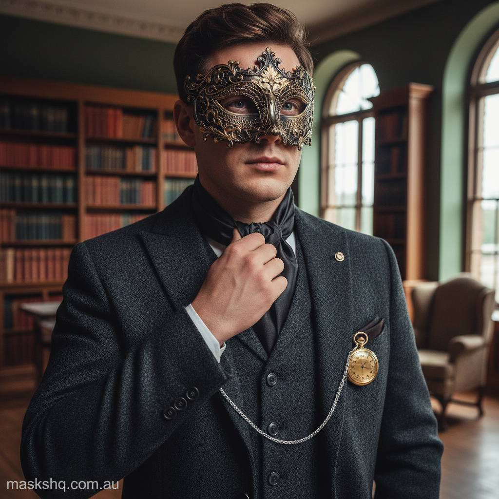 Hero lifestyle shot showing how a masquerade mask can finish a formal outfit at a black-tie event for maskshq.com.au.