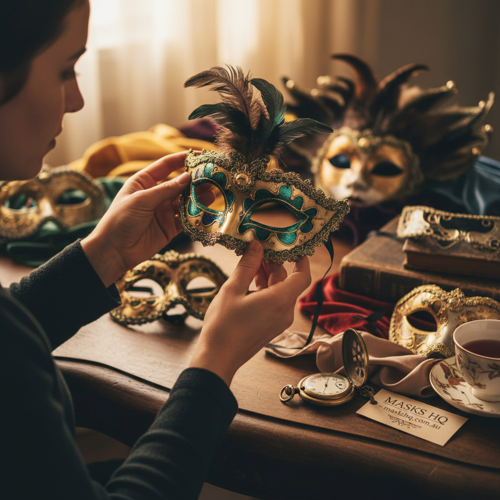 Mid-article image of a person selecting a masquerade mask to match a gown or suit for maskshq.com.au.
