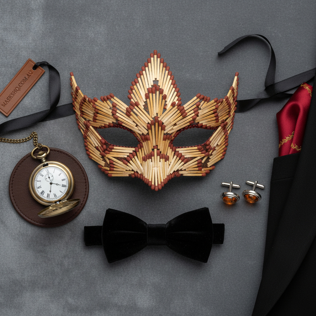 Detail flat-lay of a masquerade mask with matching jewellery, shoes, and formal accessories for maskshq.com.au.