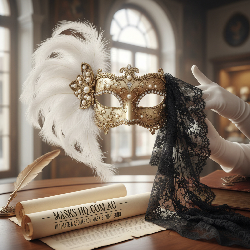 Hero lifestyle shot of a decorative masquerade mask — Venetian filigree style on a mannequin